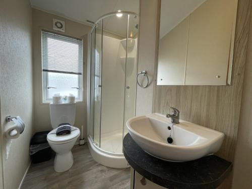 a bathroom with a sink and a shower and a toilet at 2 The Green in Tattershall