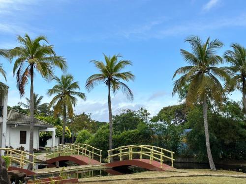 a bridge in front of a house with palm trees at Amaluna Resorts in Negombo