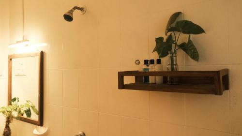 a bathroom with a plant and a shelf on the wall at Coco Moon in Morjim