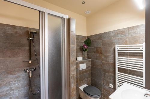 La salle de bains est pourvue d'une douche et de toilettes. dans l'établissement Jungle Apartment with 2 Bathrooms, à Budapest
