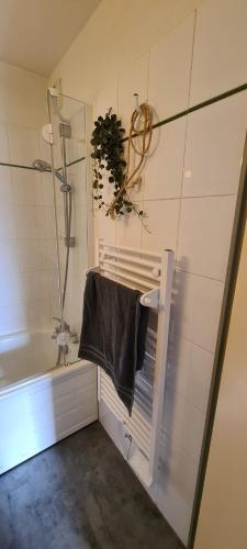 ein Bad mit einer Badewanne und einem Handtuch in der Unterkunft Appartements Bozeman in La Mongie