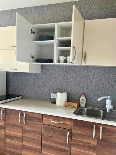 a kitchen with wooden cabinets and a sink at Zemgales ielas apartamenti in Jēkabpils