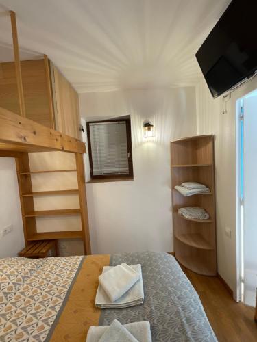 a bedroom with a bed and a tv and bunk beds at T2 avec jardin privatif - Le Diamant in Villard-de-Lans