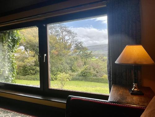 una ventana con una lámpara y vistas a un campo en The Waters Country House en Ballyvaughan