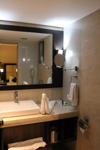 baño con lavabo y espejo grande en Hotel La Abode, en Hāmīrgarh