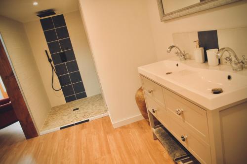 a bathroom with a sink and a shower at Le Moulin du Château de Horgues in Horgues