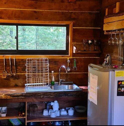 a kitchen with a sink and a refrigerator at Eco lodge mediterraneas in Caburgua