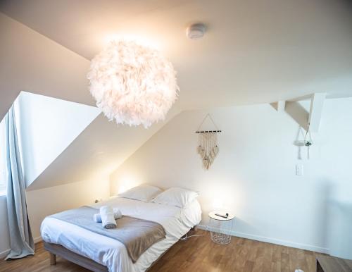 - une chambre avec un lit et un grand éclairage dans l'établissement Maison du Bonheur - Terrasse - Stationnement facile - Proche Hypercentre, à Troyes