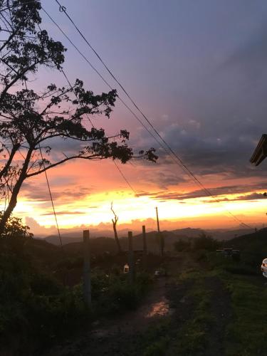 a sunset over a field with a fence and a tree at White house in Nuwara Eliya