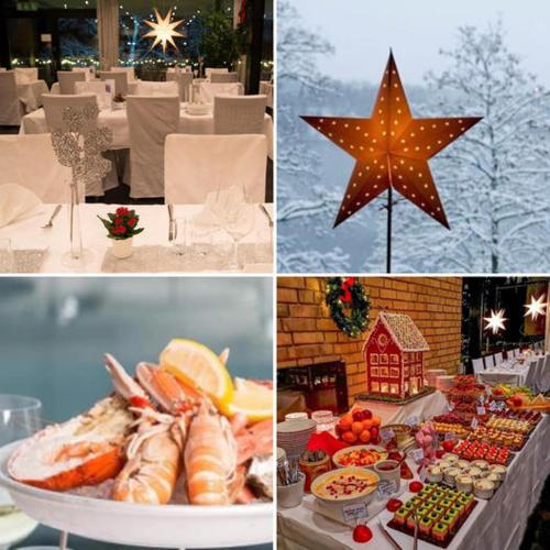 a collage of four pictures of a table with food at Skåvsjöholm, hotell & konferens in Åkersberga