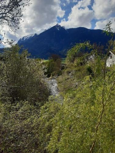 a mountain in the distance with a river in a field at Wohnung im Herzen der Altstadt in Schwaz