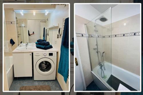 two pictures of a bathroom with a shower and a washing machine at Residence 'Villa de Seine' aux portes de Paris in Vitry-sur-Seine