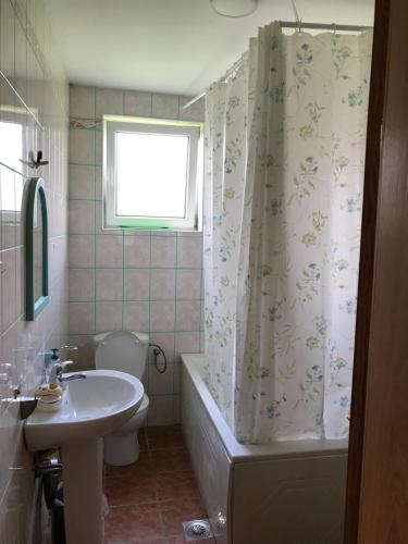 La salle de bains est pourvue d'une baignoire, d'un lavabo et d'un rideau de douche. dans l'établissement Garden's apartman - Kosjerić, à Kosjeric