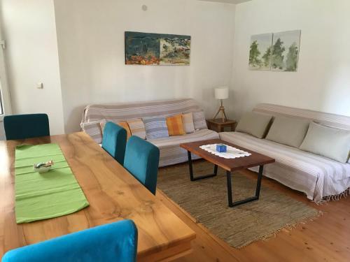 sala de estar con mesa y sofá en Garden's apartman - Kosjerić en Kosjerić