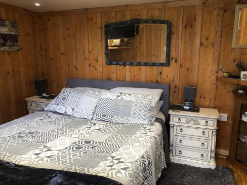 a bedroom with a bed and a dresser and a mirror at Owly 'Ouse in Barnstaple