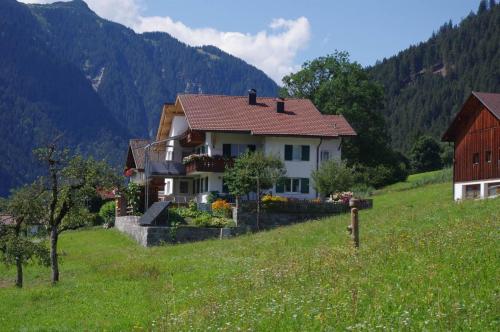 una casa en una colina en un campo verde en Haus Vallaster, en Sankt Gallenkirch