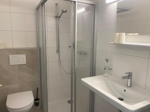 a bathroom with a shower and a toilet and a sink at Pension Kinzl in Offenhausen