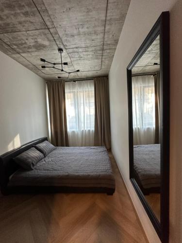 een slaapkamer met een bed en een spiegel bij MyCasa Paupys in Vilnius