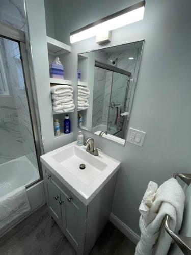 uma casa de banho com um lavatório, um chuveiro e um espelho. em Shirley Air em Boston