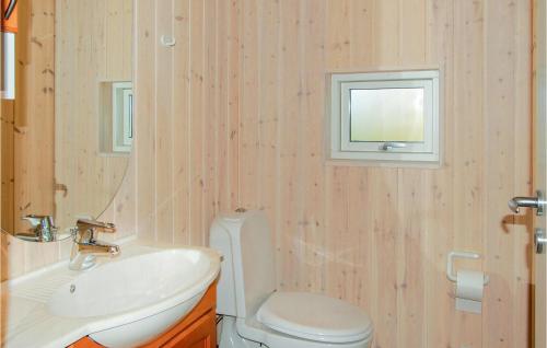 W łazience znajduje się umywalka, toaleta i lustro. w obiekcie Beautiful Home In Brkop With Sauna w mieście Brejning