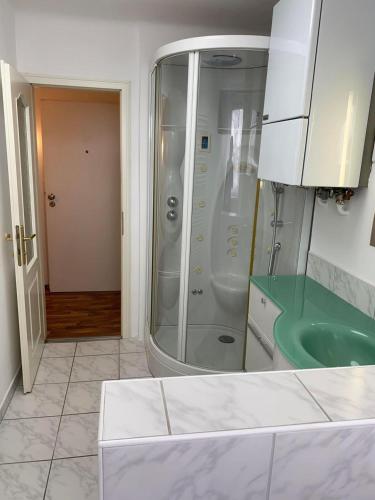 ein Bad mit einer Dusche und einem Waschbecken in der Unterkunft Montel PARK - Linz Danube River in Linz