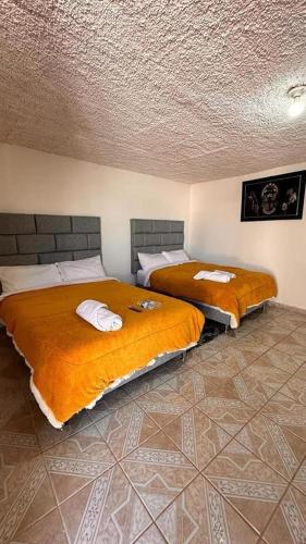 two beds in a room at Hotel Don Quijote in Mineral de Pozos