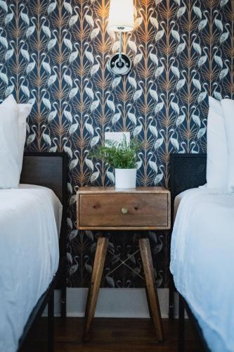 a bedroom with two beds and a table with a plant on it at Marsh Hotel in New Orleans