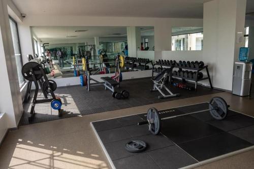 a gym with weights and equipment in a room at Cosy 1 Bedroom @Embassy Gardens in Cantonments