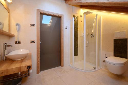 a bathroom with a shower and a toilet and a sink at Agritur el mas in Moena