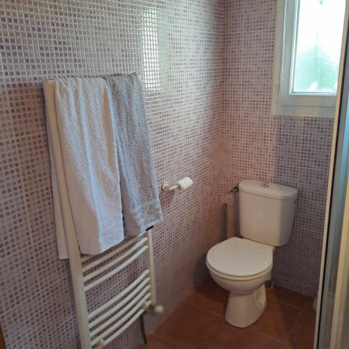a small bathroom with a toilet and a window at la chambre de l'auxineill in Castelnou