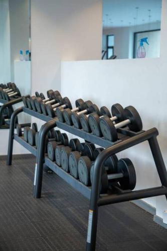 a row of rows of dumbbells in a gym at Cosy 2 Bed at Embassy Gardens in Cantonments