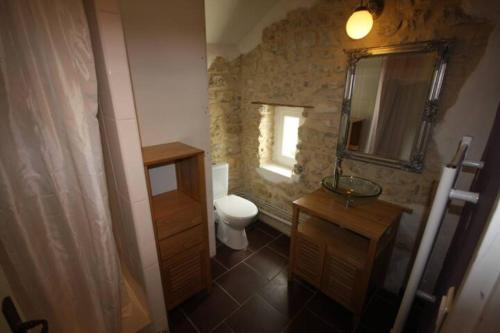 une salle de bain avec toilettes, lavabo et miroir dans l'établissement La Grange, à Saint-Sauveur-de-Cruzières
