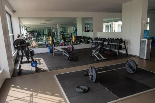 a gym with several treadmills and weights at Deluxe Studio at Embassy Gardens Cantonments in Cantonments