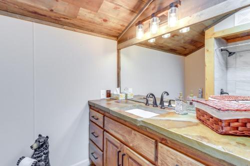 un baño con lavabo y espejo en Wooded Blue Ridge Cabin 2 Decks, Fire Pit!, en Blue Ridge