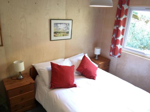 a bedroom with a bed with red pillows and a window at Woodland Cabins, Glencoe in Ballachulish