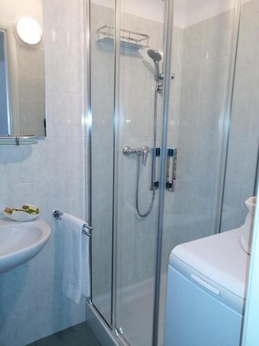 a bathroom with a shower and a toilet and a sink at Casa Vacanze Patrizia in Montescaglioso