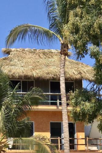 a palm tree in front of a building with a straw roof at La Isla Bonita - Departamento en la Punta in Puerto Escondido