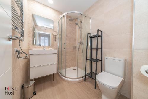 ein Bad mit einer Dusche, einem WC und einem Waschbecken in der Unterkunft Marqués de Vadillo1 Apartments in Madrid