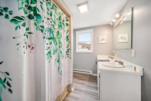 baño con lavabo y cortina de ducha en Large Lake House on Gun Lake, en Wayland