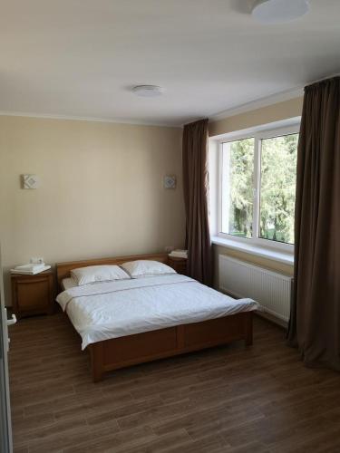 a bedroom with a bed and a large window at Carpe Diem in Chistilov