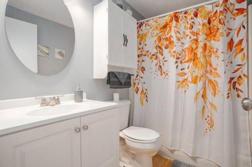 ein Bad mit einem WC und einem Duschvorhang in der Unterkunft Adorable House on Gun Lake in Wayland