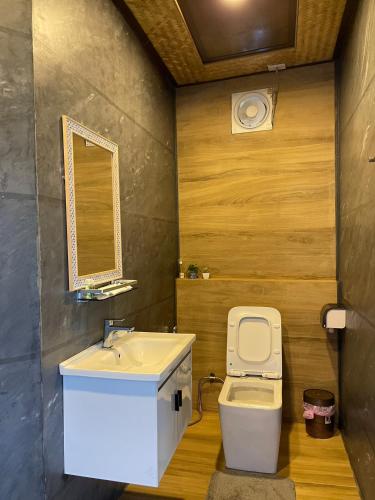 a bathroom with a sink and a toilet and a mirror at สวนส่อผ่า&ฟาร์มสเตย์ in Mae Sai