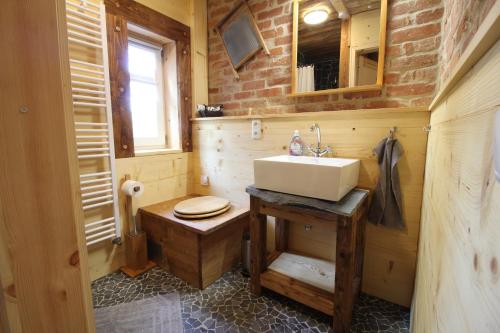 a bathroom with a sink and a toilet at Ferienhaus Anno Dazumal, wie zu Großmutters Zeiten in Klingenthal
