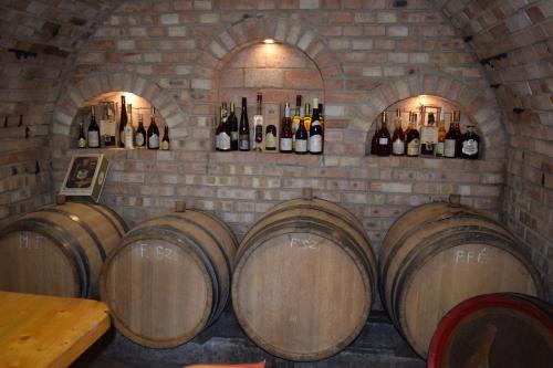 una fila de barriles de vino en una pared de ladrillo en Prokop Vendégház, en Tolcsva
