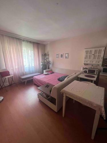 ein Schlafzimmer mit einem rosa Bett und einem Tisch in der Unterkunft BAHCELIEVLER Grandbazaar,spicebazaartram 10 min,metrobus15min in Istanbul