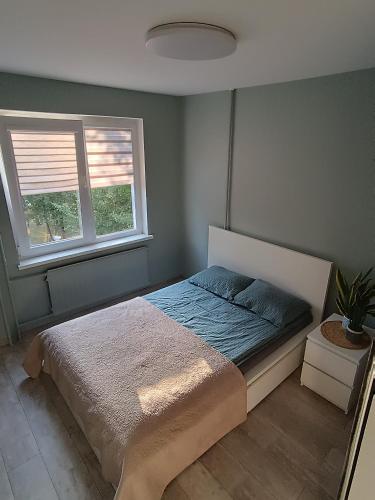 a bedroom with a bed and two windows at Lovely Stay in Siauliai in Šiauliai