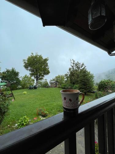 a coffee cup sitting on a balcony with a view of a field at Παραδοσιακή πέτρινη κατοικία στην Βλάχα Ελάτης in Vlácha