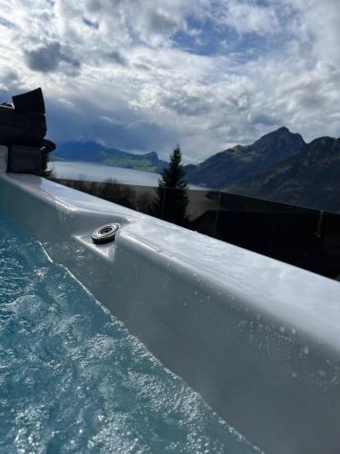a bath tub filled with water with mountains in the background at Traumhafte Villa Seelisberg in Seelisberg