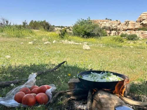 a pot of vegetables and a bowl of tomatoes on a campfire at - Trekking from Dana to Petra in Dana