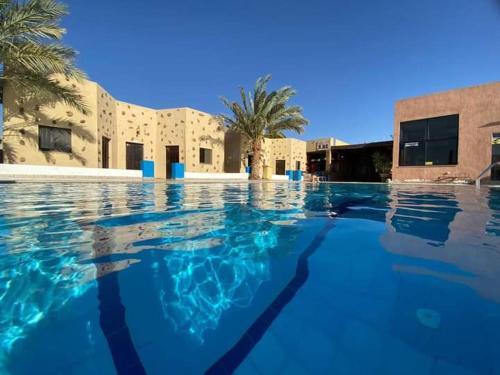 Bait Alaqaba dive center & resort في العقبة: مسبح بمياه زرقاء امام مبنى